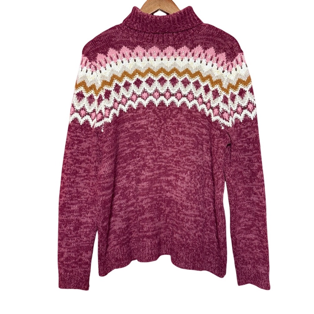 Lands End Sweater Women M 10-12 Burgundy Good Fair Isle Yoke Turtleneck Knit